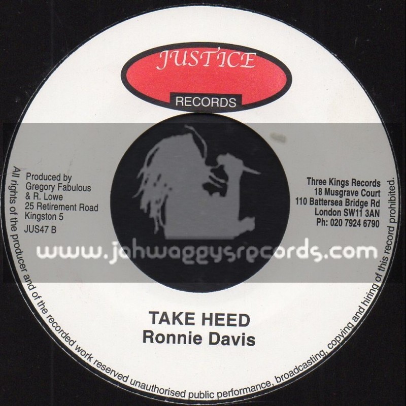 Justice Records-7"-Take Heed / Ronnie Davis + Forget Me Now / Ronnie Davis